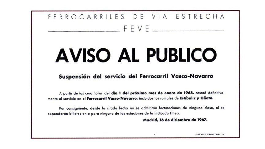 Aviso al público del cierre del Ferrocarril Vasco-Navarro